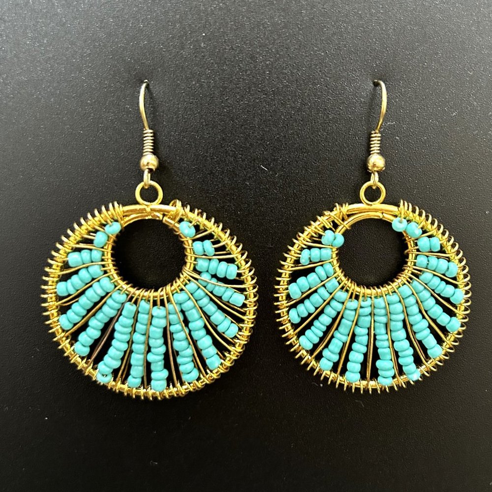 Goldtone & Turquoise Seed Beaded Hoop Earrings